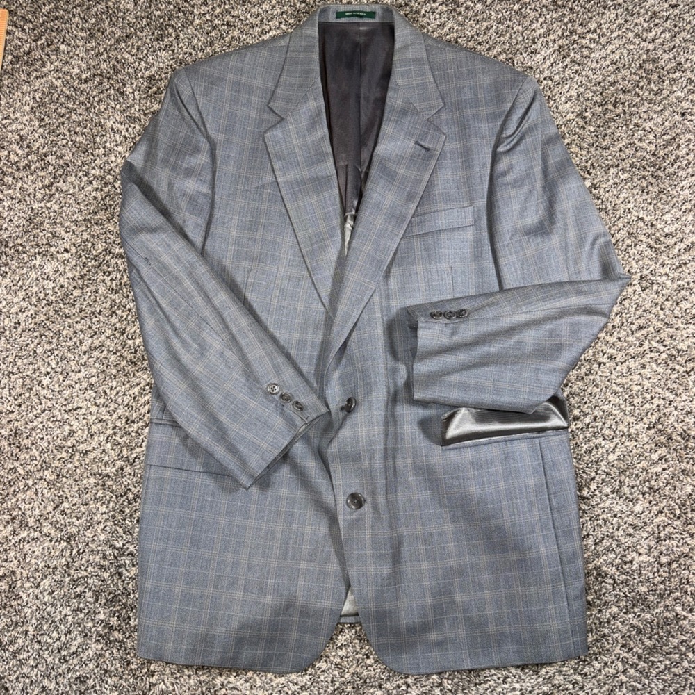 Palm Beach Vintage Blazer Mens 42R Grey Blue Silk Wool Plaid Sport Coat Notch